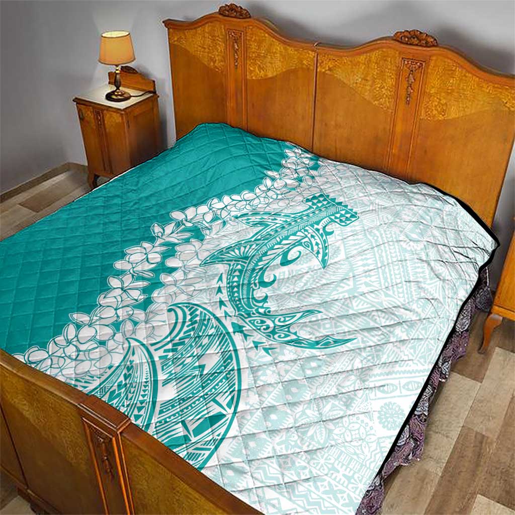 Polynesian Teal Plumeria Lei Quilt with Hammerhead Shark