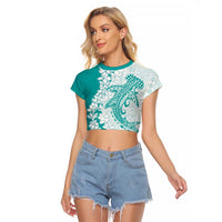 Polynesian Teal Plumeria Lei Raglan Cropped T Shirt with Hammerhead Shark