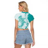 Polynesian Teal Plumeria Lei Raglan Cropped T Shirt with Hammerhead Shark