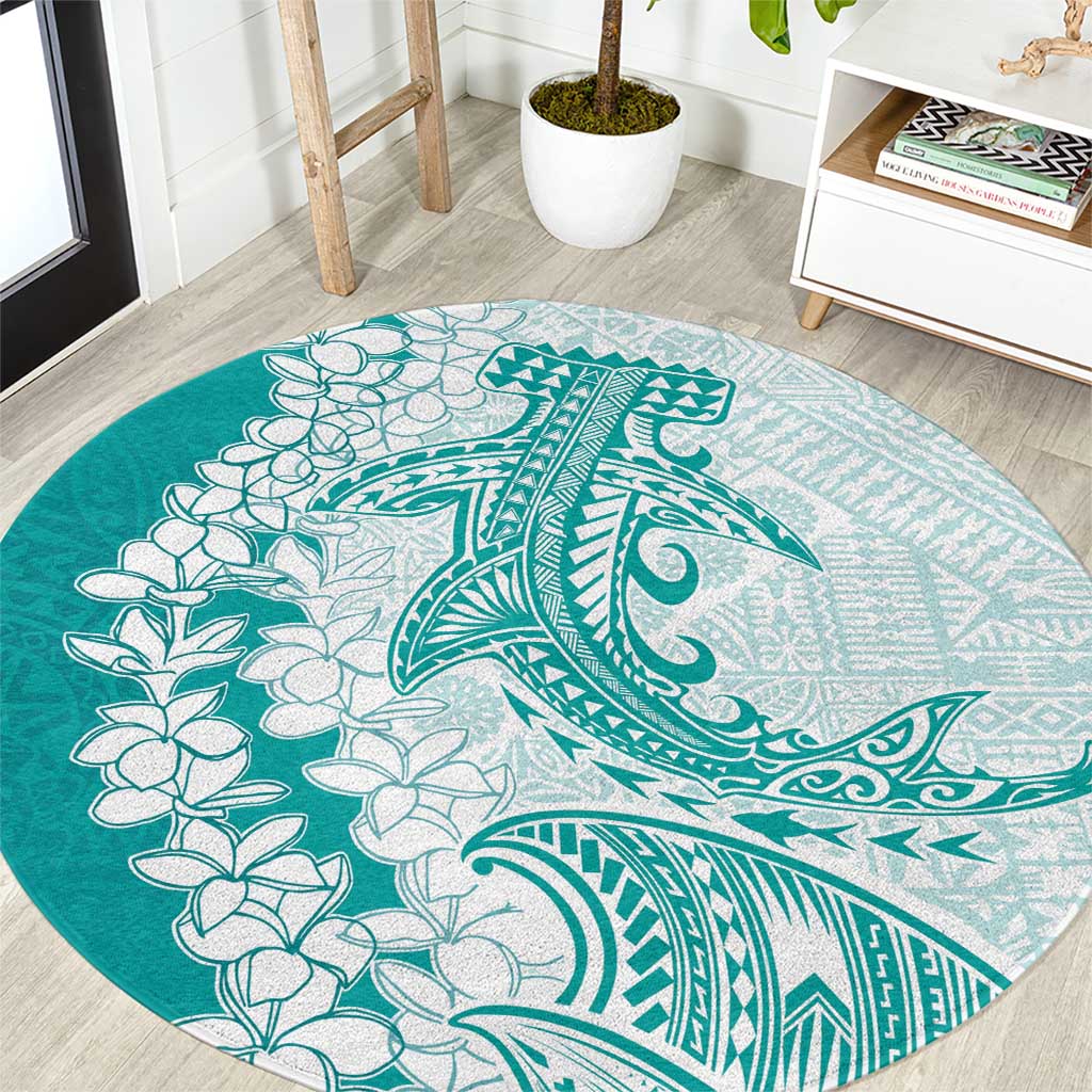 Polynesian Teal Plumeria Lei Round Carpet with Hammerhead Shark LT7 Teal - Polynesian Pride