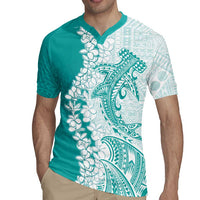 Polynesian Teal Plumeria Lei Rugby Jersey with Hammerhead Shark