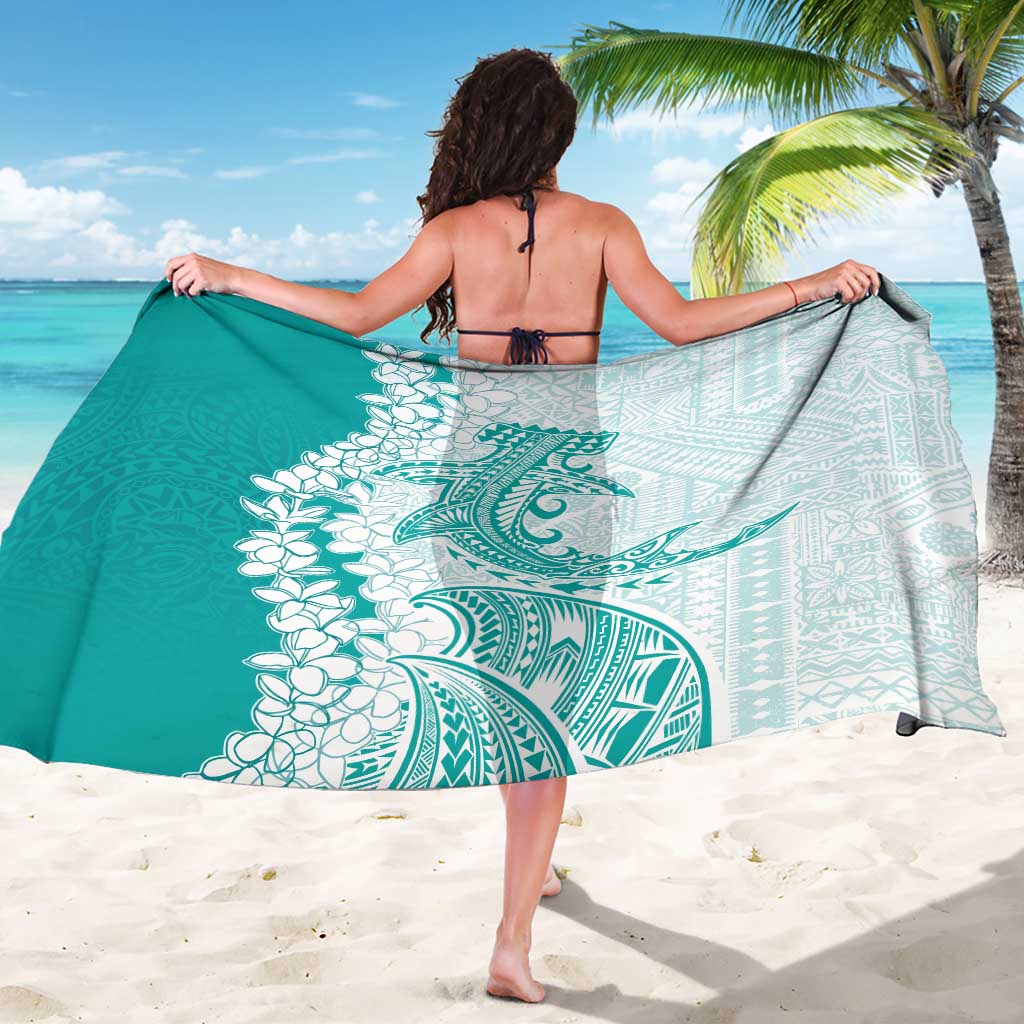 Polynesian Teal Plumeria Lei Sarong with Hammerhead Shark