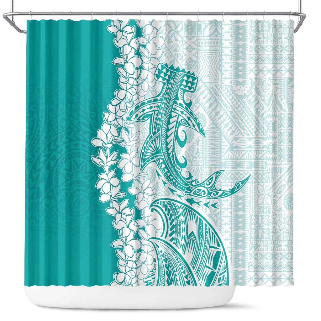 Polynesian Teal Plumeria Lei Shower Curtain with Hammerhead Shark LT7 Teal - Polynesian Pride