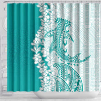 Polynesian Teal Plumeria Lei Shower Curtain with Hammerhead Shark