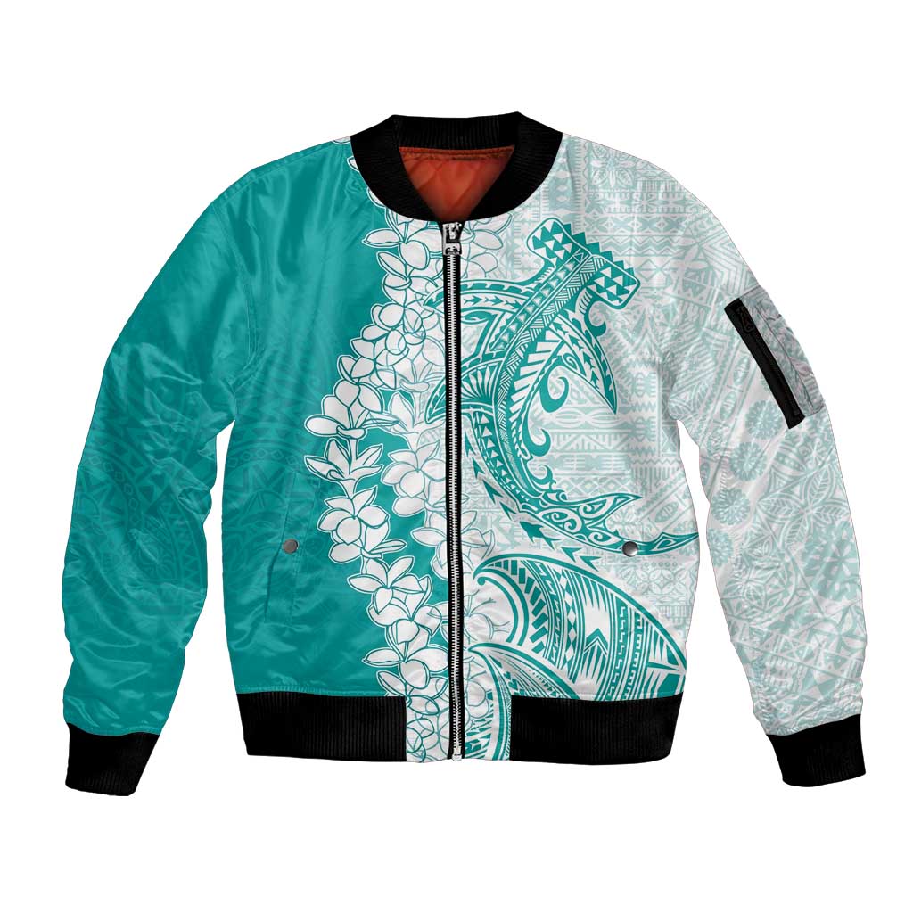 Polynesian Teal Plumeria Lei Sleeve Zip Bomber Jacket with Hammerhead Shark LT7 Unisex Teal - Polynesian Pride