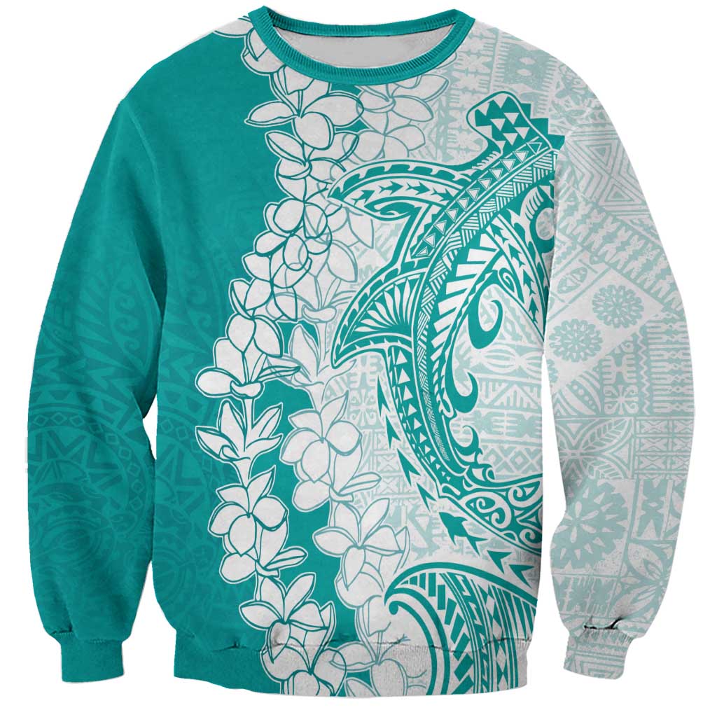 Polynesian Teal Plumeria Lei Sweatshirt with Hammerhead Shark