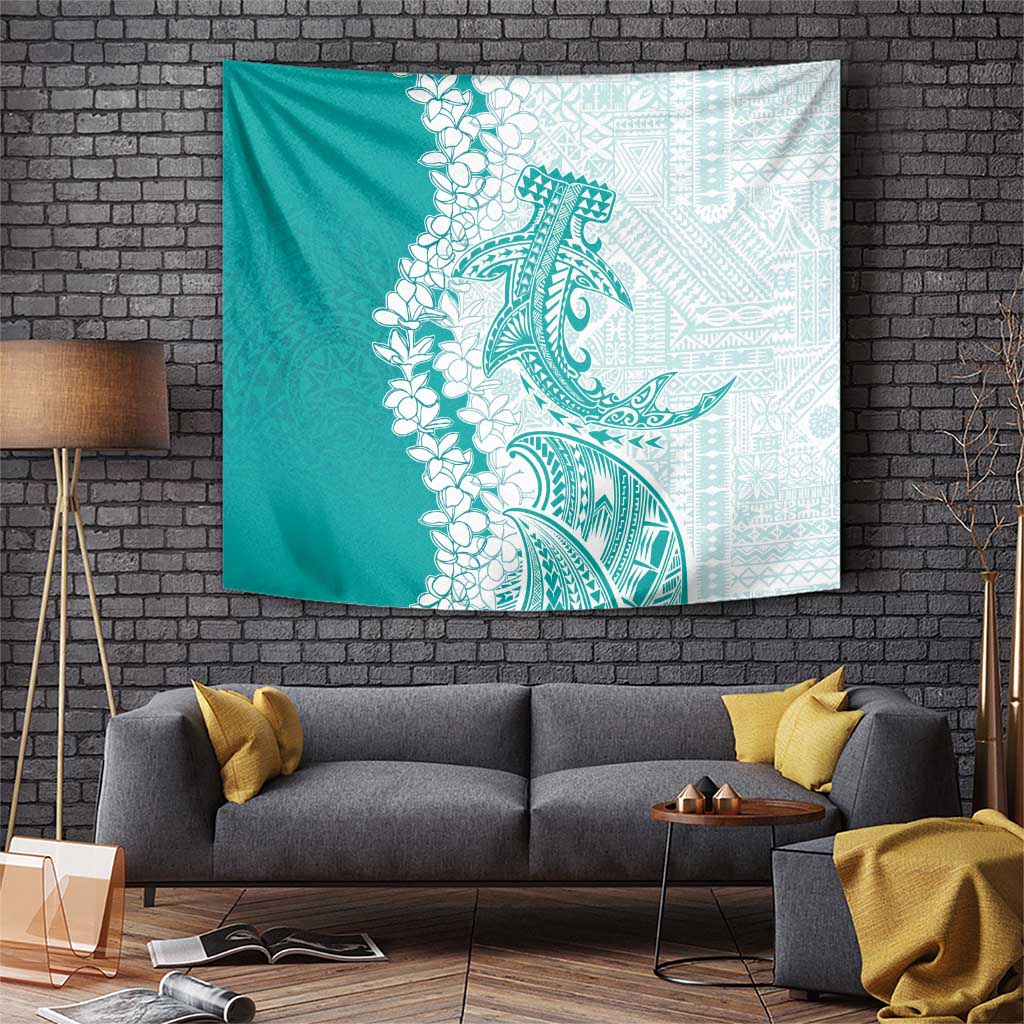 Polynesian Teal Plumeria Lei Tapestry with Hammerhead Shark LT7 Teal - Polynesian Pride