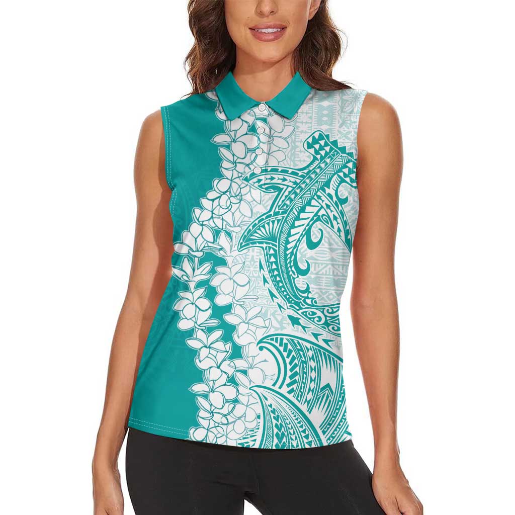 Polynesian Teal Plumeria Lei Women Sleeveless Polo Shirt with Hammerhead Shark