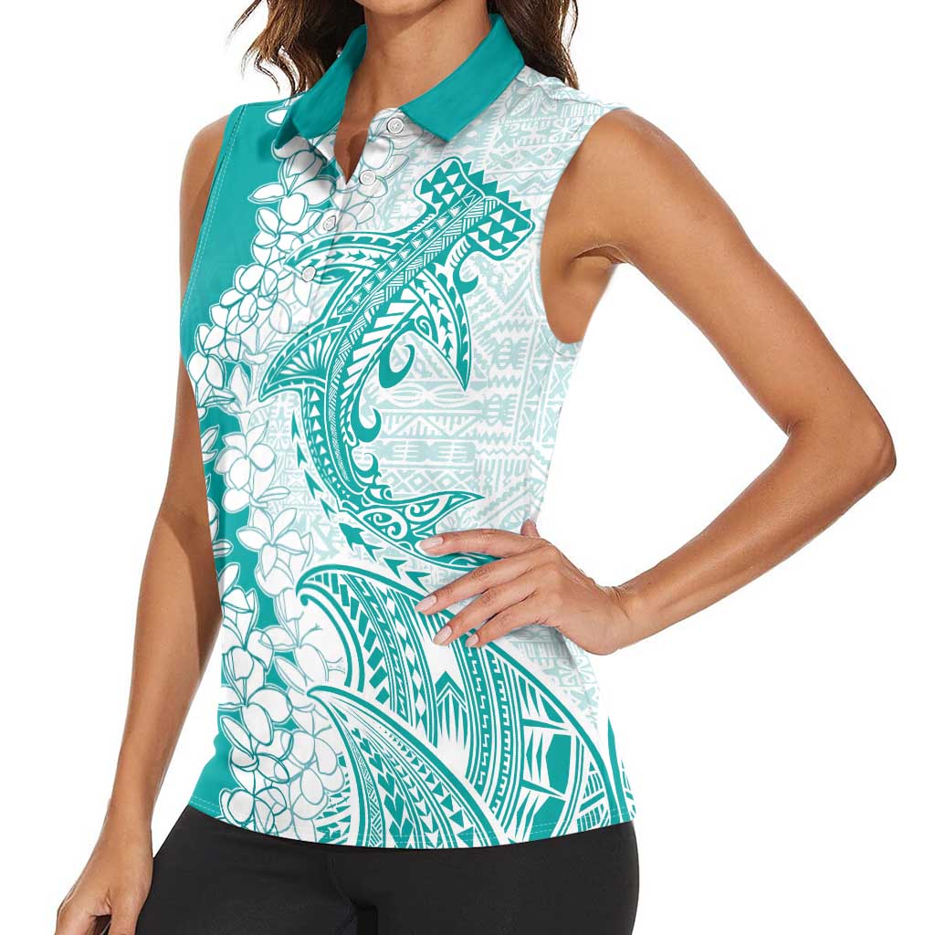 Polynesian Teal Plumeria Lei Women Sleeveless Polo Shirt with Hammerhead Shark