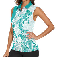 Polynesian Teal Plumeria Lei Women Sleeveless Polo Shirt with Hammerhead Shark