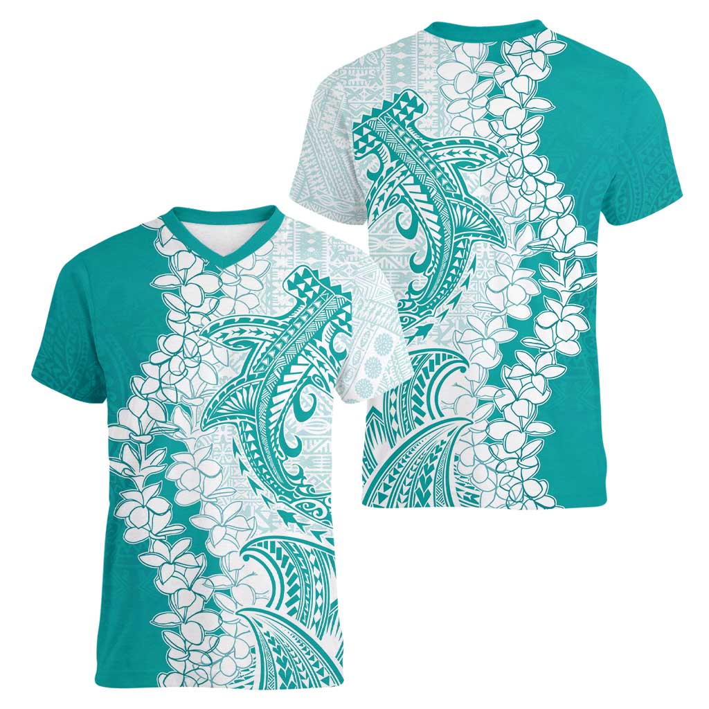 Polynesian Teal Plumeria Lei Women V-Neck T-Shirt with Hammerhead Shark