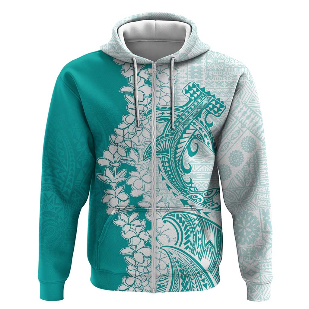 Polynesian Teal Plumeria Lei Zip Hoodie with Hammerhead Shark LT7 Zip Hoodie Teal - Polynesian Pride