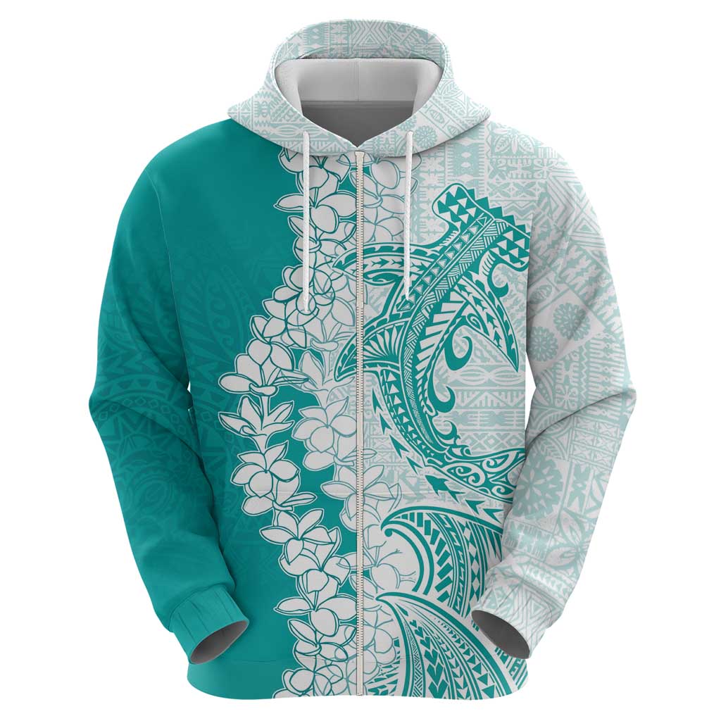 Polynesian Teal Plumeria Lei Zip Hoodie with Hammerhead Shark LT7 - Polynesian Pride