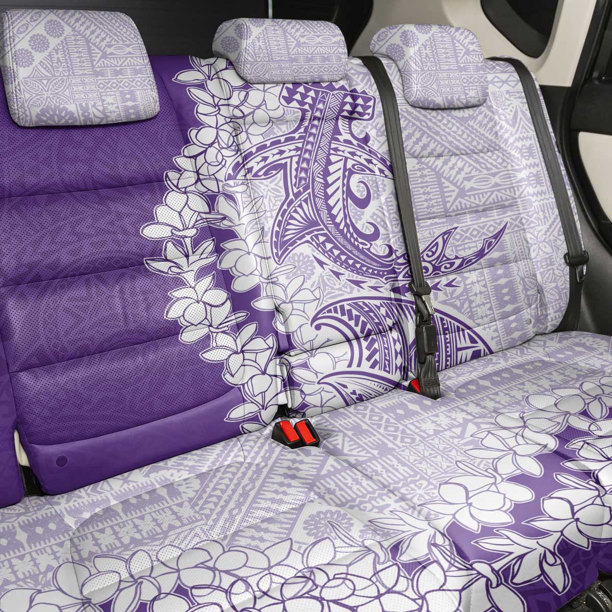Polynesian Purple Plumeria Lei Back Car Seat Cover with Hammerhead Shark