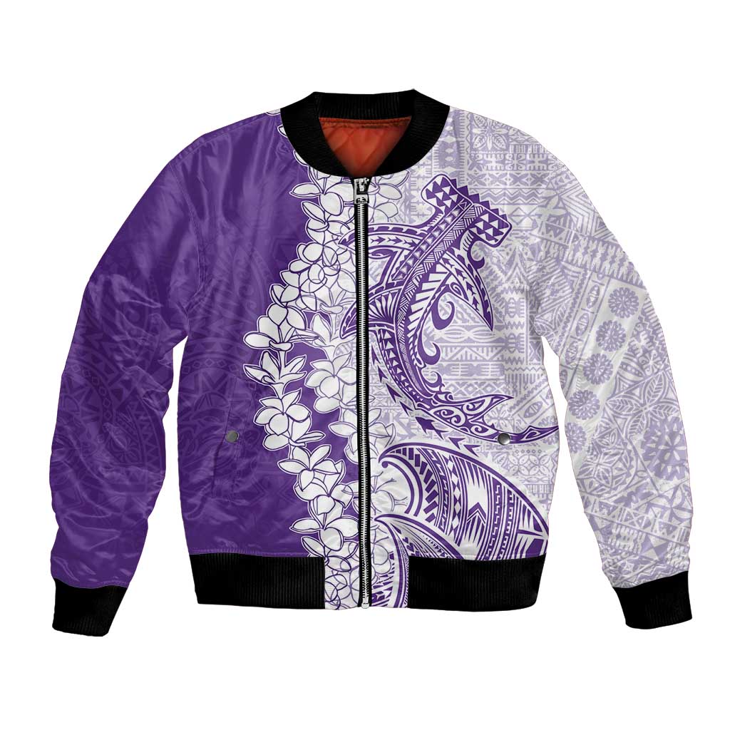 Polynesian Purple Plumeria Lei Bomber Jacket with Hammerhead Shark LT7 Unisex Purple - Polynesian Pride