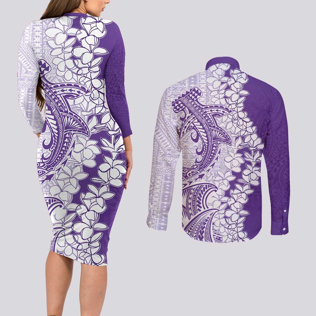 Polynesian Purple Plumeria Lei Couples Matching Long Sleeve Bodycon Dress and Long Sleeve Button Shirt with Hammerhead Shark
