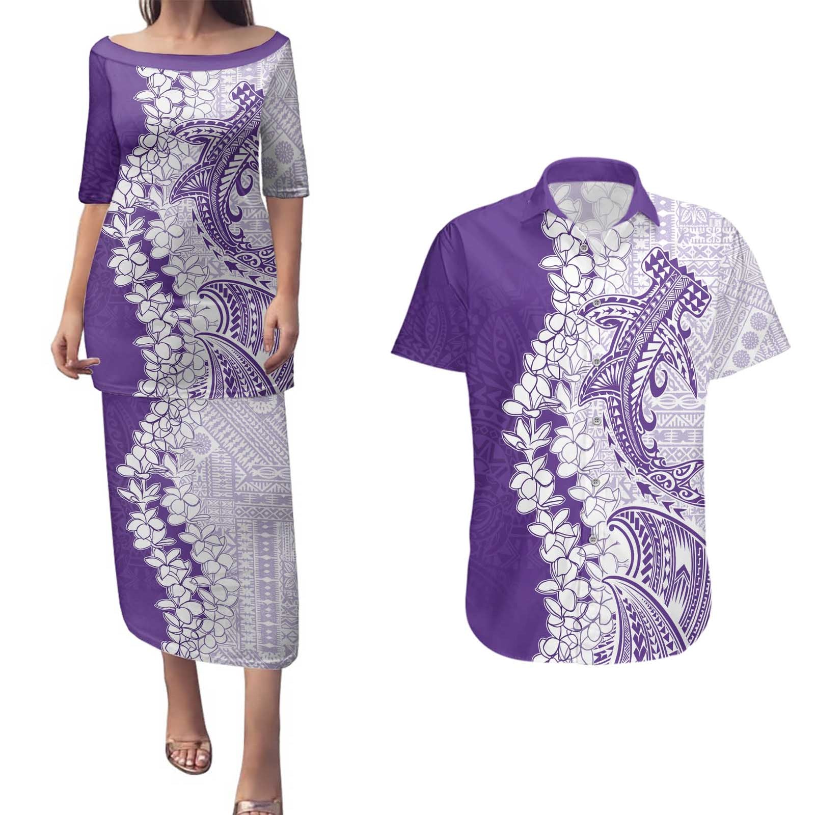 Polynesian Purple Plumeria Lei Couples Matching Puletasi and Hawaiian Shirt with Hammerhead Shark