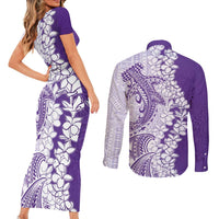 Polynesian Purple Plumeria Lei Couples Matching Short Sleeve Bodycon Dress and Long Sleeve Button Shirt with Hammerhead Shark
