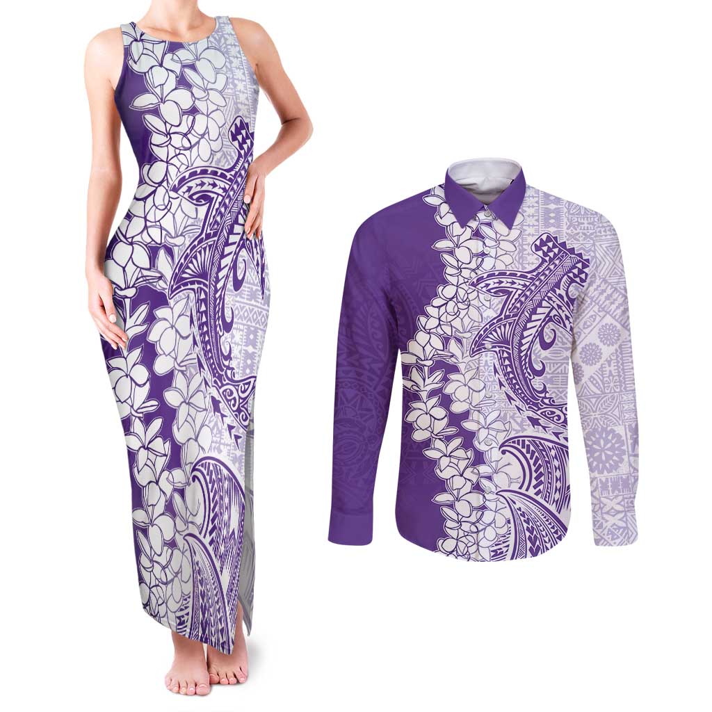Polynesian Purple Plumeria Lei Couples Matching Tank Maxi Dress and Long Sleeve Button Shirt with Hammerhead Shark