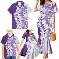 Polynesian Purple Plumeria Lei Family Matching Mermaid Dress and Hawaiian Shirt with Hammerhead Shark