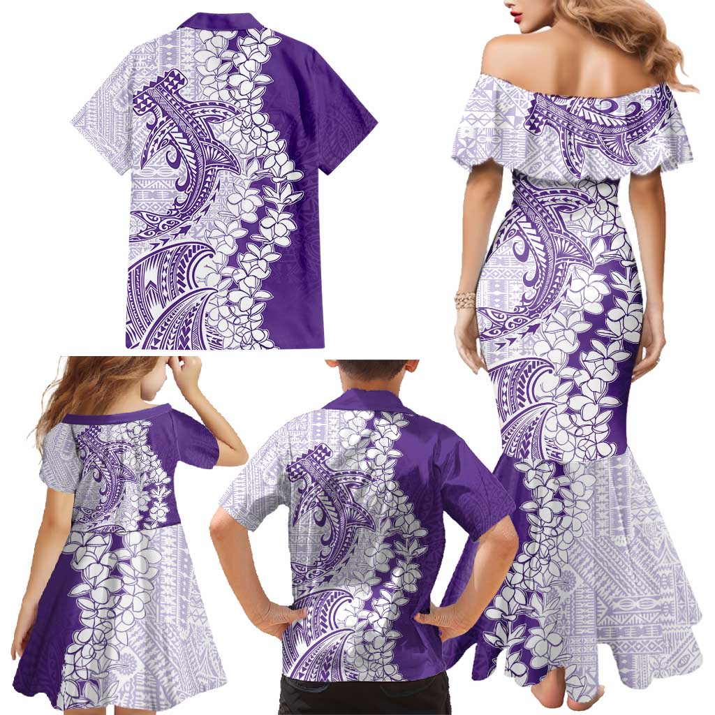 Polynesian Purple Plumeria Lei Family Matching Mermaid Dress and Hawaiian Shirt with Hammerhead Shark