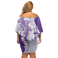 Polynesian Purple Plumeria Lei Family Matching Off Shoulder Short Dress and Hawaiian Shirt with Hammerhead Shark