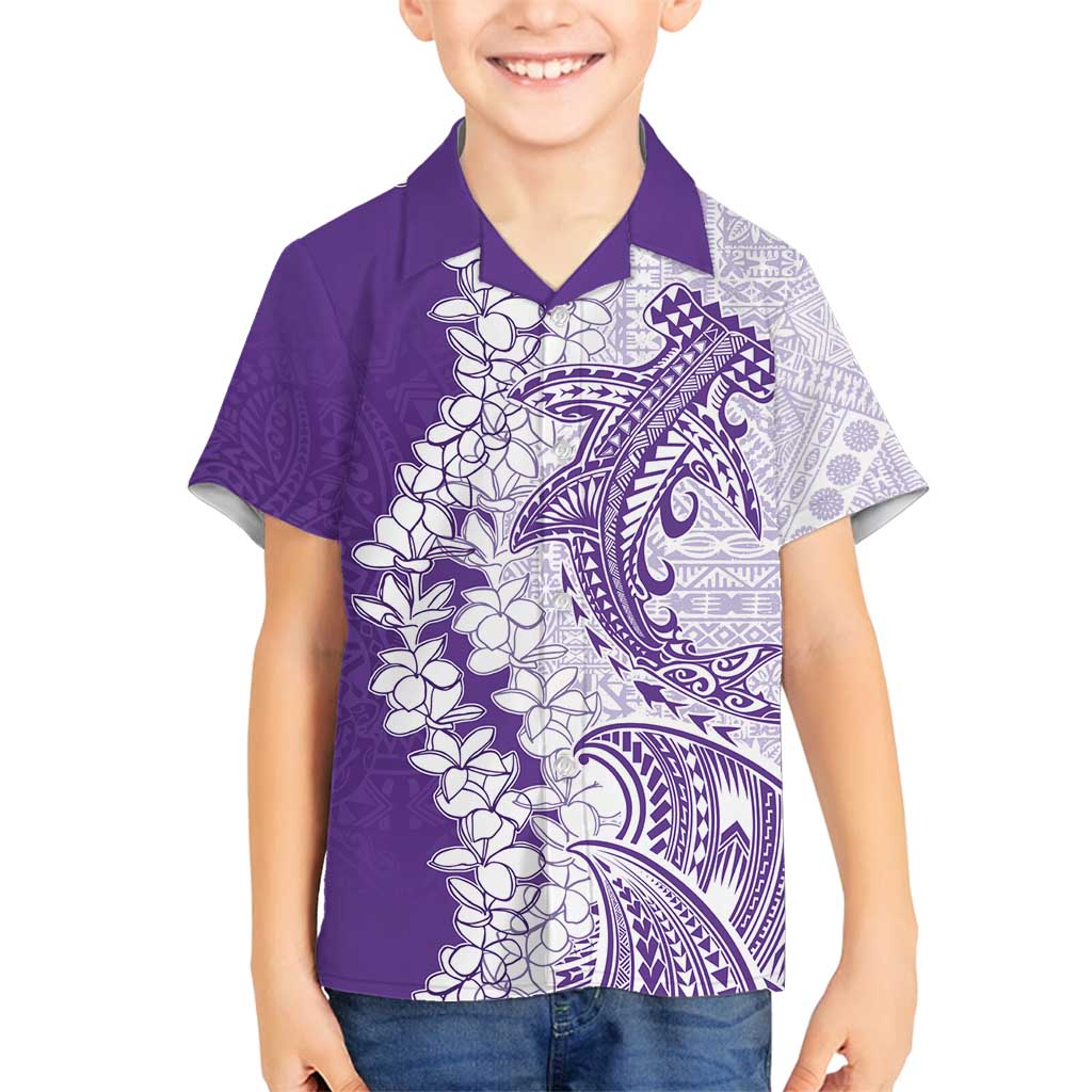 Polynesian Purple Plumeria Lei Family Matching Tank Maxi Dress and Hawaiian Shirt with Hammerhead Shark LT7 Son's Shirt Purple - Polynesian Pride