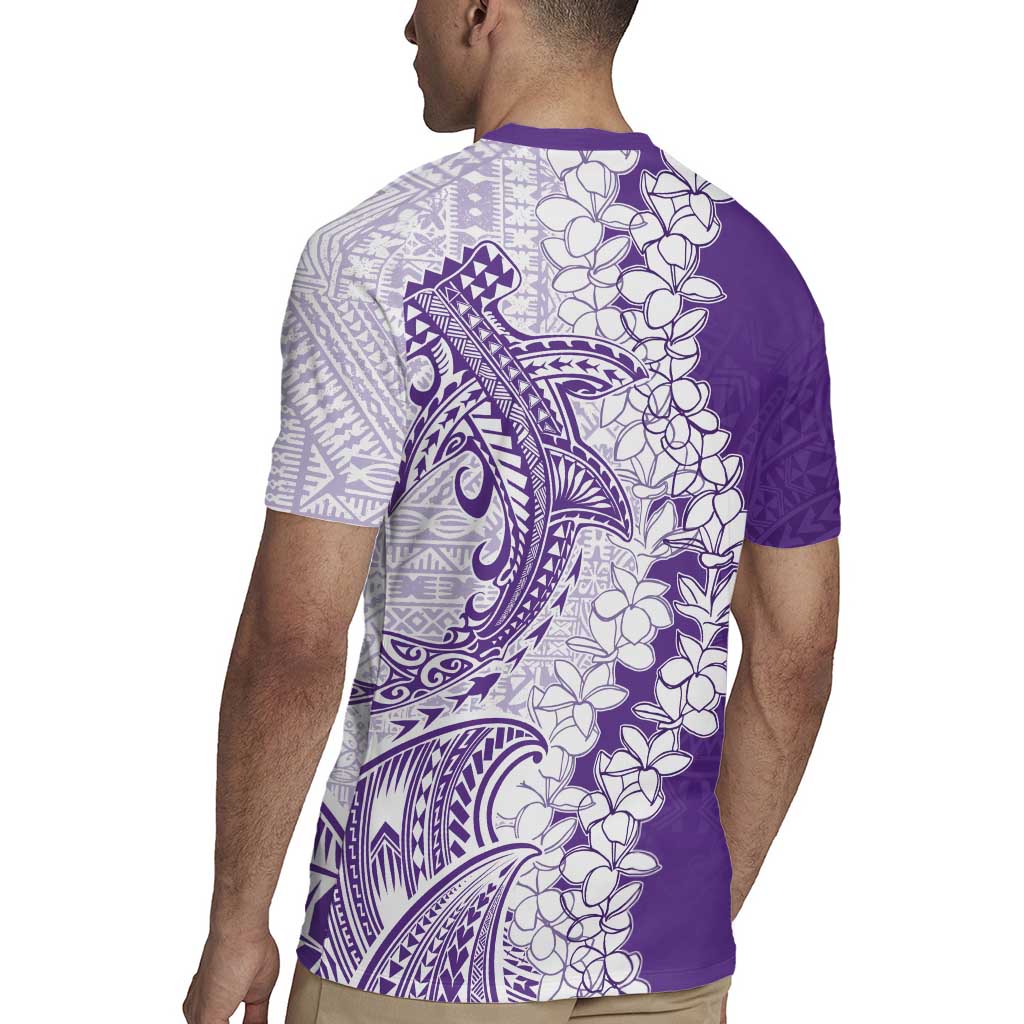 Polynesian Purple Plumeria Lei Rugby Jersey with Hammerhead Shark
