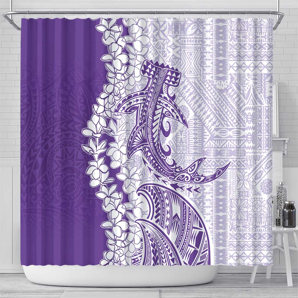 Polynesian Purple Plumeria Lei Shower Curtain with Hammerhead Shark