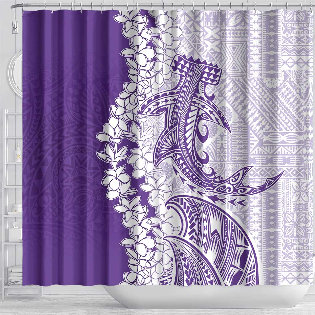 Polynesian Purple Plumeria Lei Shower Curtain with Hammerhead Shark