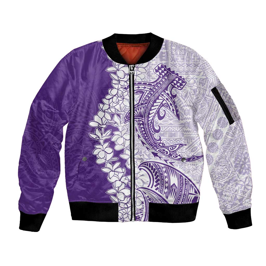 Polynesian Purple Plumeria Lei Sleeve Zip Bomber Jacket with Hammerhead Shark LT7 Unisex Purple - Polynesian Pride