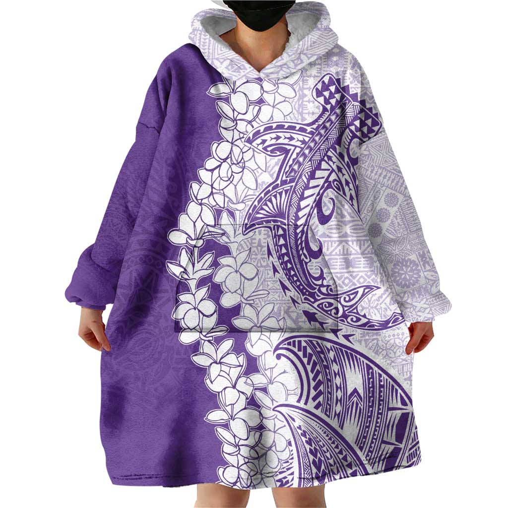 Polynesian Purple Plumeria Lei Wearable Blanket Hoodie with Hammerhead Shark