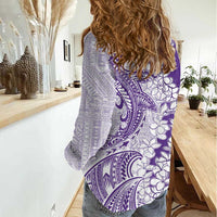 Polynesian Purple Plumeria Lei Women Casual Shirt with Hammerhead Shark