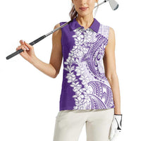 Polynesian Purple Plumeria Lei Women Sleeveless Polo Shirt with Hammerhead Shark