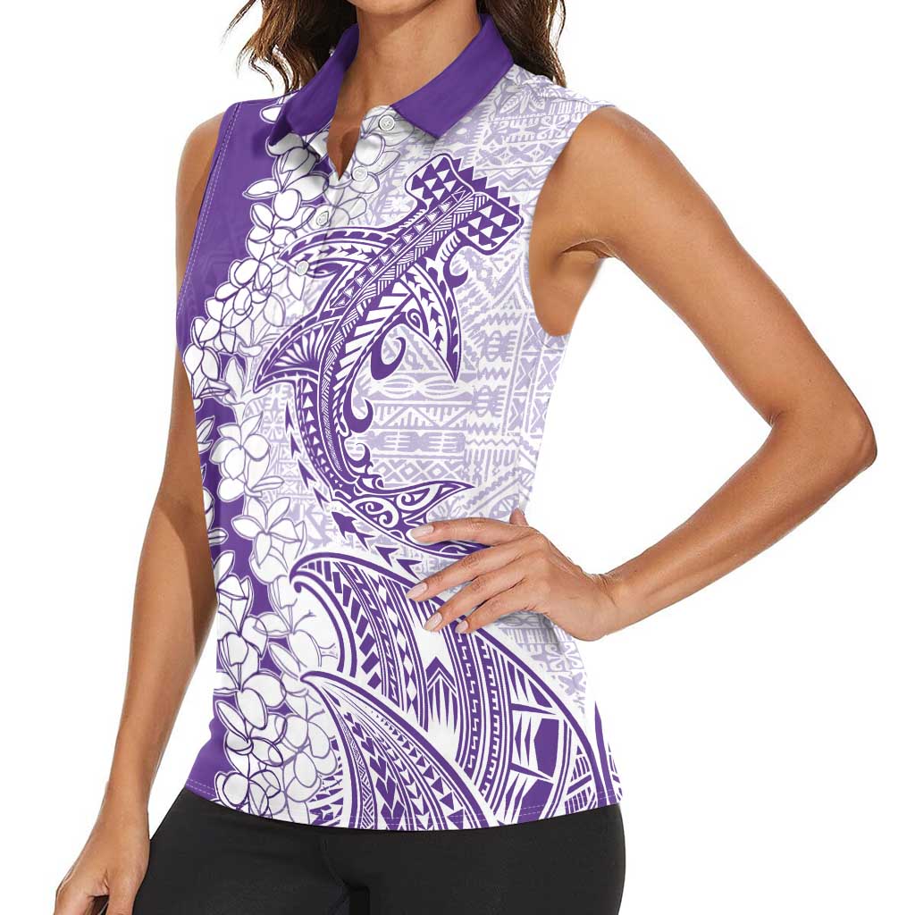 Polynesian Purple Plumeria Lei Women Sleeveless Polo Shirt with Hammerhead Shark