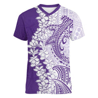 Polynesian Purple Plumeria Lei Women V-Neck T-Shirt with Hammerhead Shark