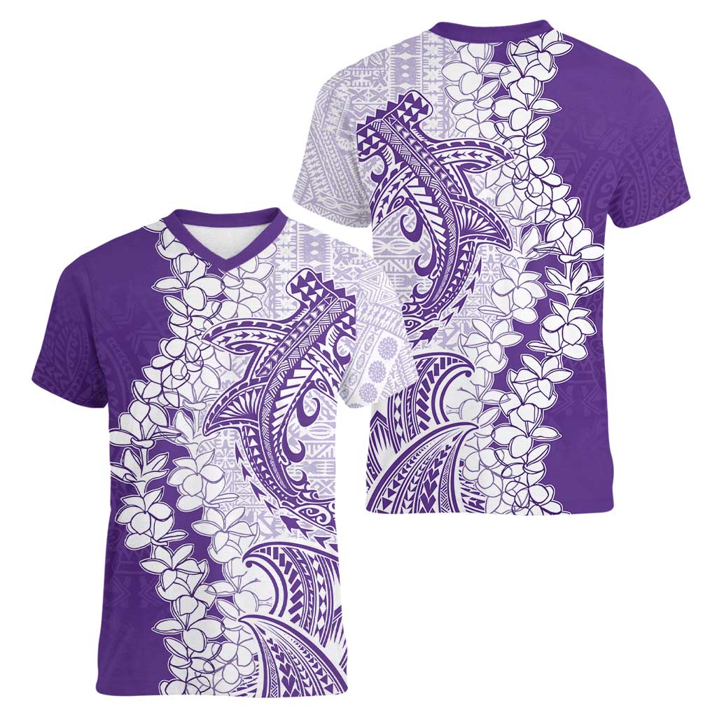 Polynesian Purple Plumeria Lei Women V-Neck T-Shirt with Hammerhead Shark