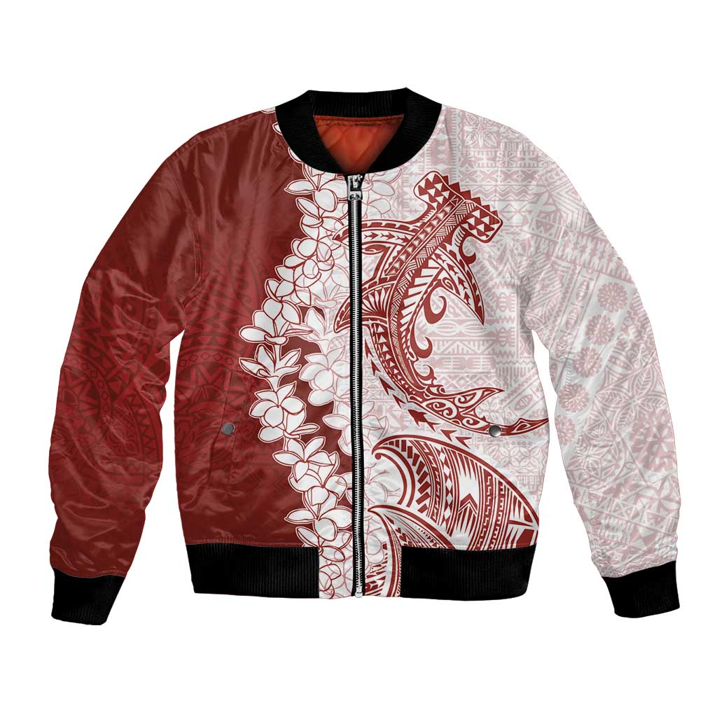 Polynesian Crimson Plumeria Lei Bomber Jacket with Hammerhead Shark LT7 Unisex Red - Polynesian Pride