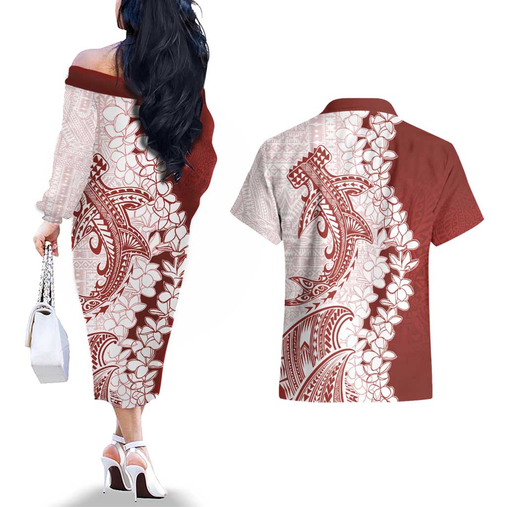Polynesian Crimson Plumeria Lei Couples Matching Off The Shoulder Long Sleeve Dress and Hawaiian Shirt with Hammerhead Shark