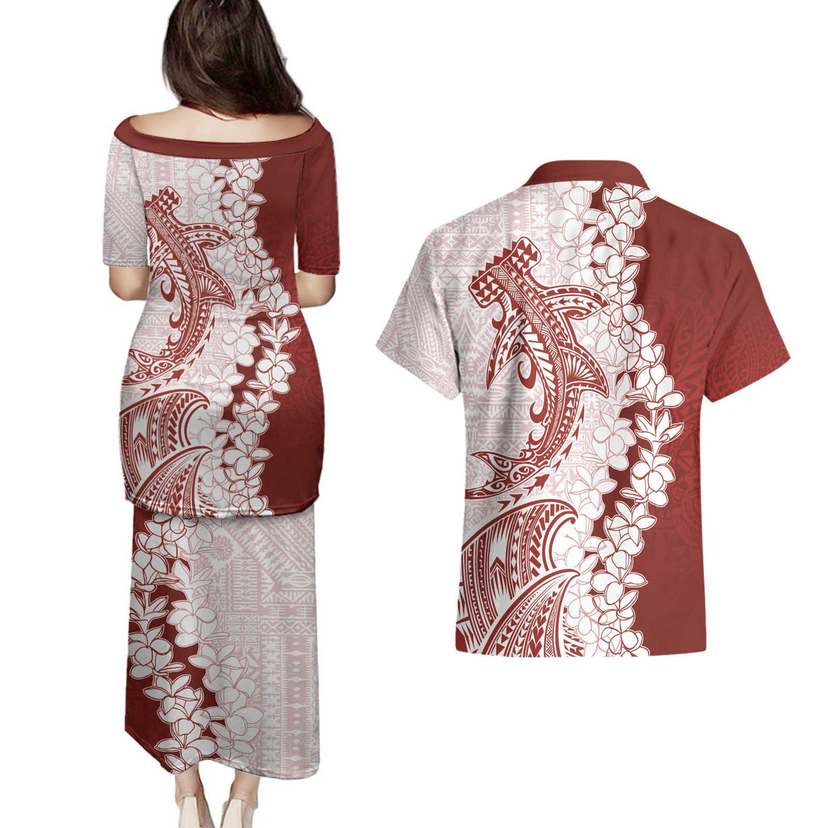 Polynesian Crimson Plumeria Lei Couples Matching Puletasi and Hawaiian Shirt with Hammerhead Shark LT7 - Polynesian Pride