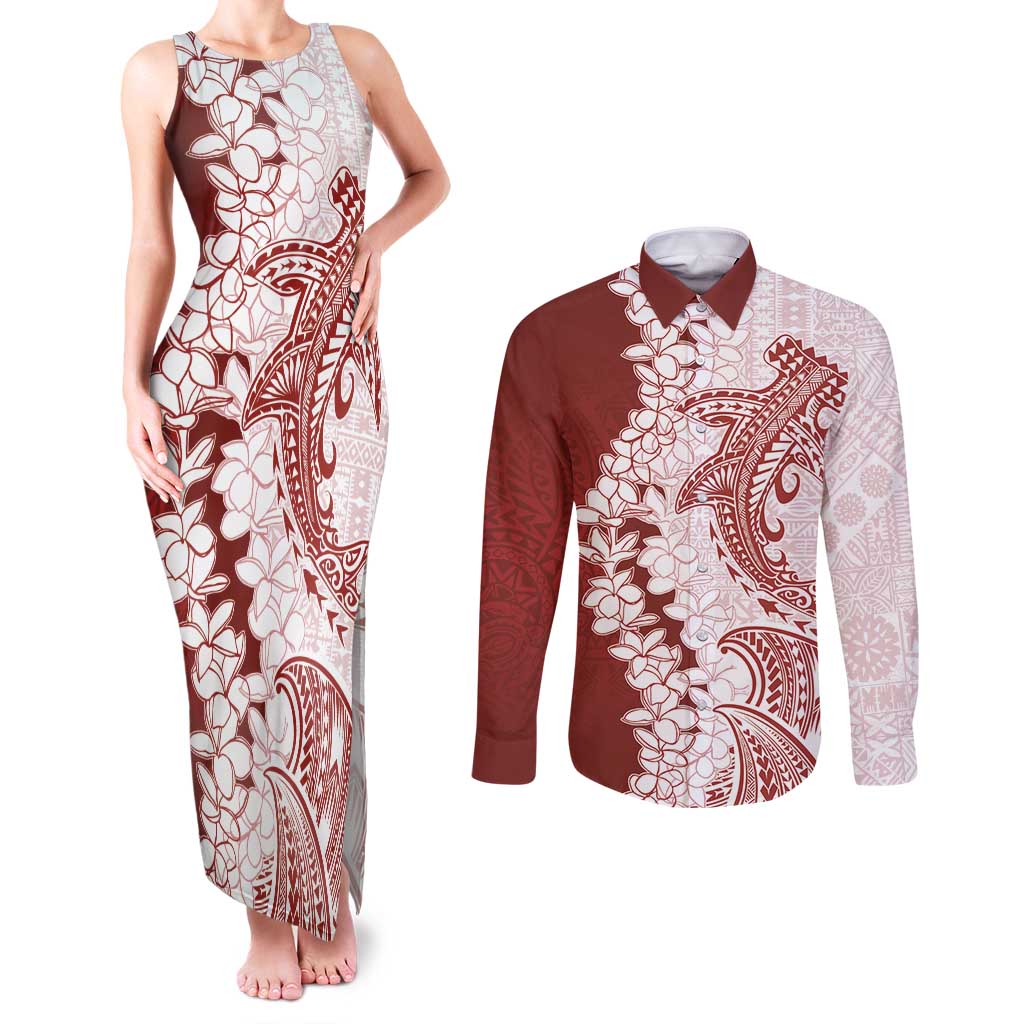 Polynesian Crimson Plumeria Lei Couples Matching Tank Maxi Dress and Long Sleeve Button Shirt with Hammerhead Shark