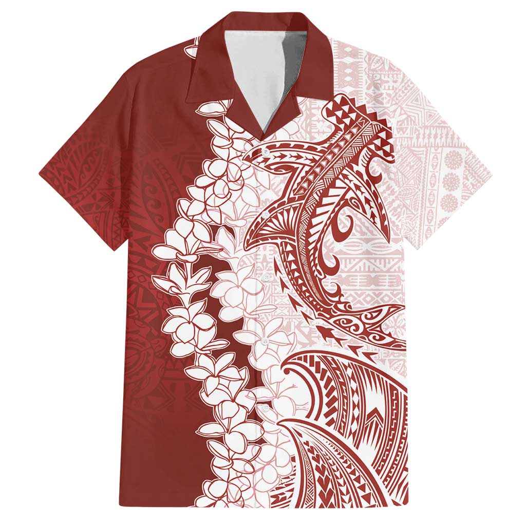 Polynesian Crimson Plumeria Lei Family Matching Long Sleeve Bodycon Dress and Hawaiian Shirt with Hammerhead Shark LT7 Dad's Shirt - Short Sleeve Red - Polynesian Pride
