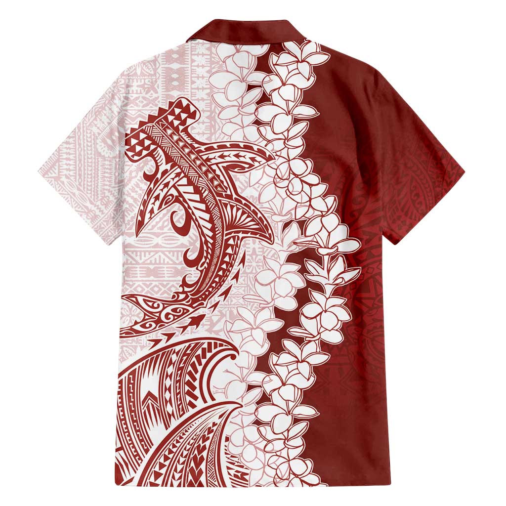 Polynesian Crimson Plumeria Lei Family Matching Long Sleeve Bodycon Dress and Hawaiian Shirt with Hammerhead Shark LT7 - Polynesian Pride