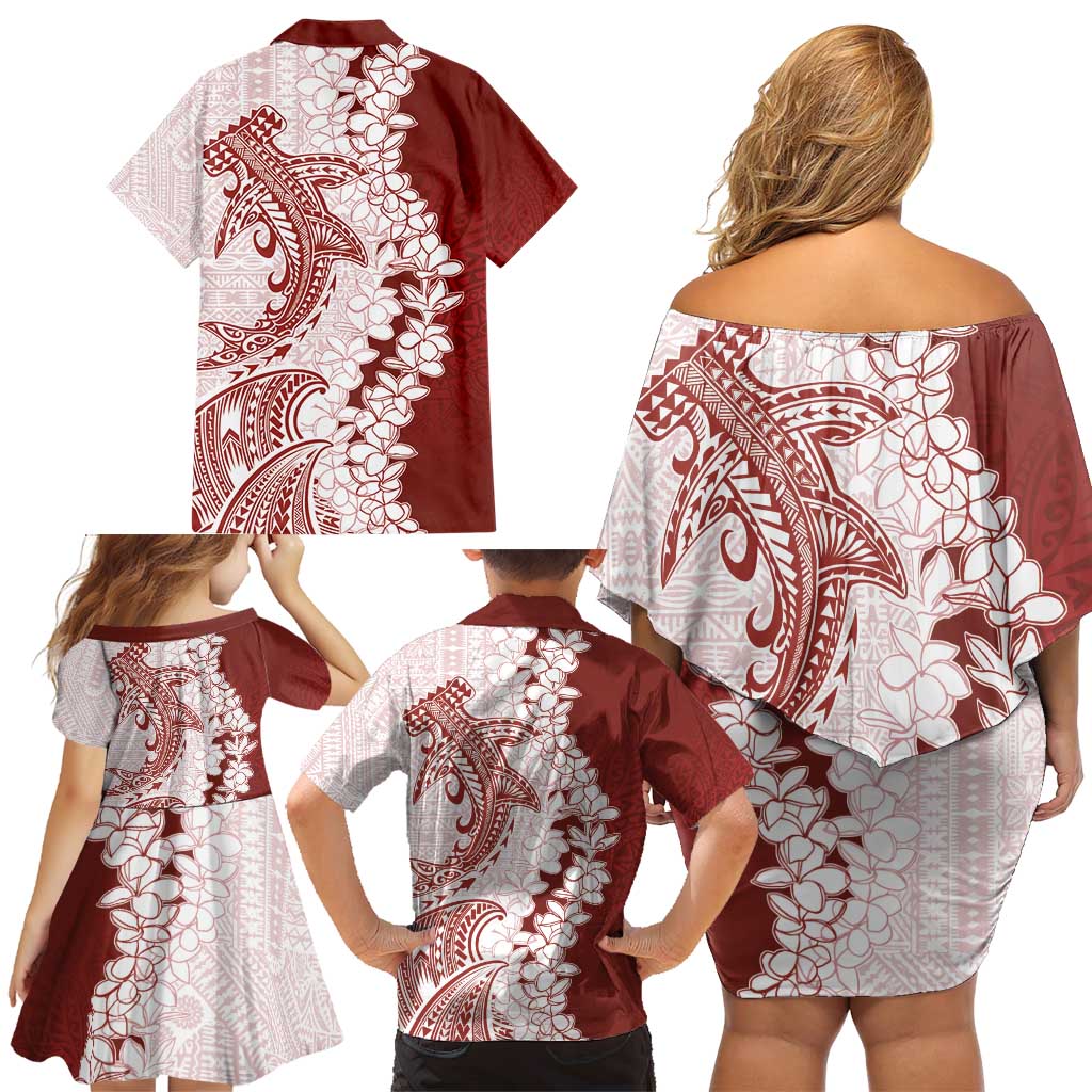 Polynesian Crimson Plumeria Lei Family Matching Off Shoulder Short Dress and Hawaiian Shirt with Hammerhead Shark