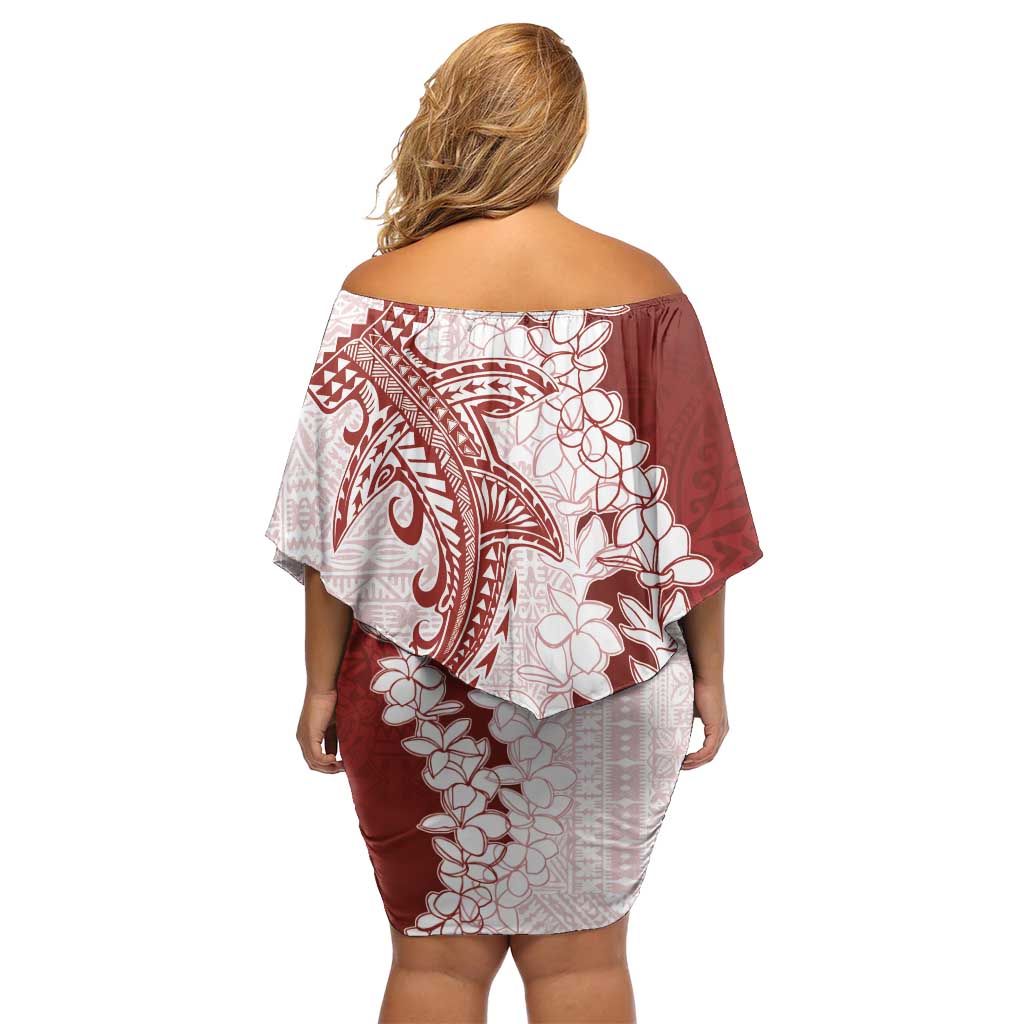 Polynesian Crimson Plumeria Lei Family Matching Off Shoulder Short Dress and Hawaiian Shirt with Hammerhead Shark