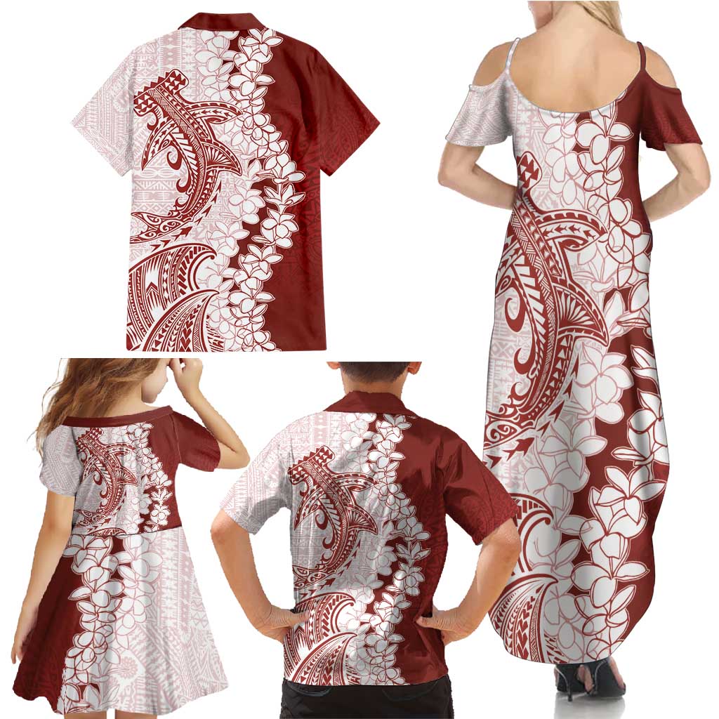 Polynesian Crimson Plumeria Lei Family Matching Summer Maxi Dress and Hawaiian Shirt with Hammerhead Shark