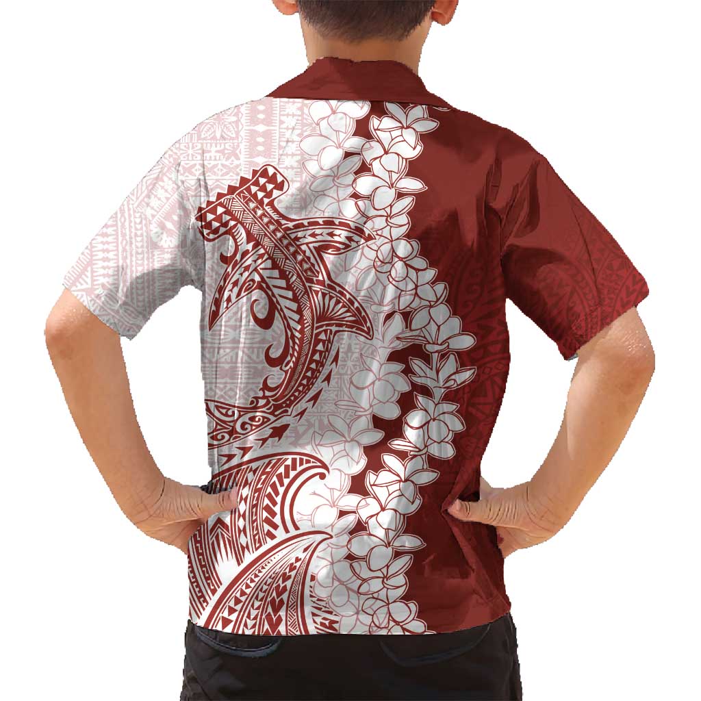 Polynesian Crimson Plumeria Lei Family Matching Tank Maxi Dress and Hawaiian Shirt with Hammerhead Shark LT7 - Polynesian Pride