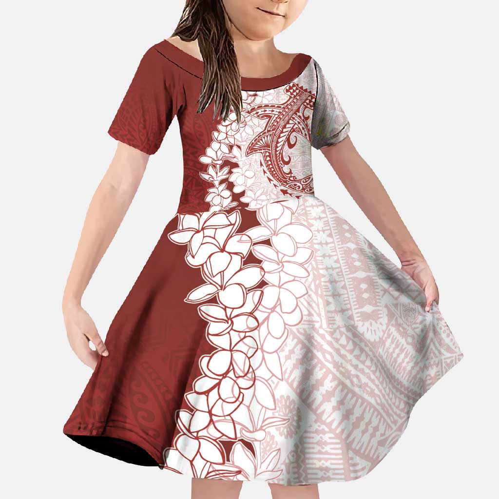 Polynesian Crimson Plumeria Lei Family Matching Tank Maxi Dress and Hawaiian Shirt with Hammerhead Shark LT7 Daughter's Dress Red - Polynesian Pride