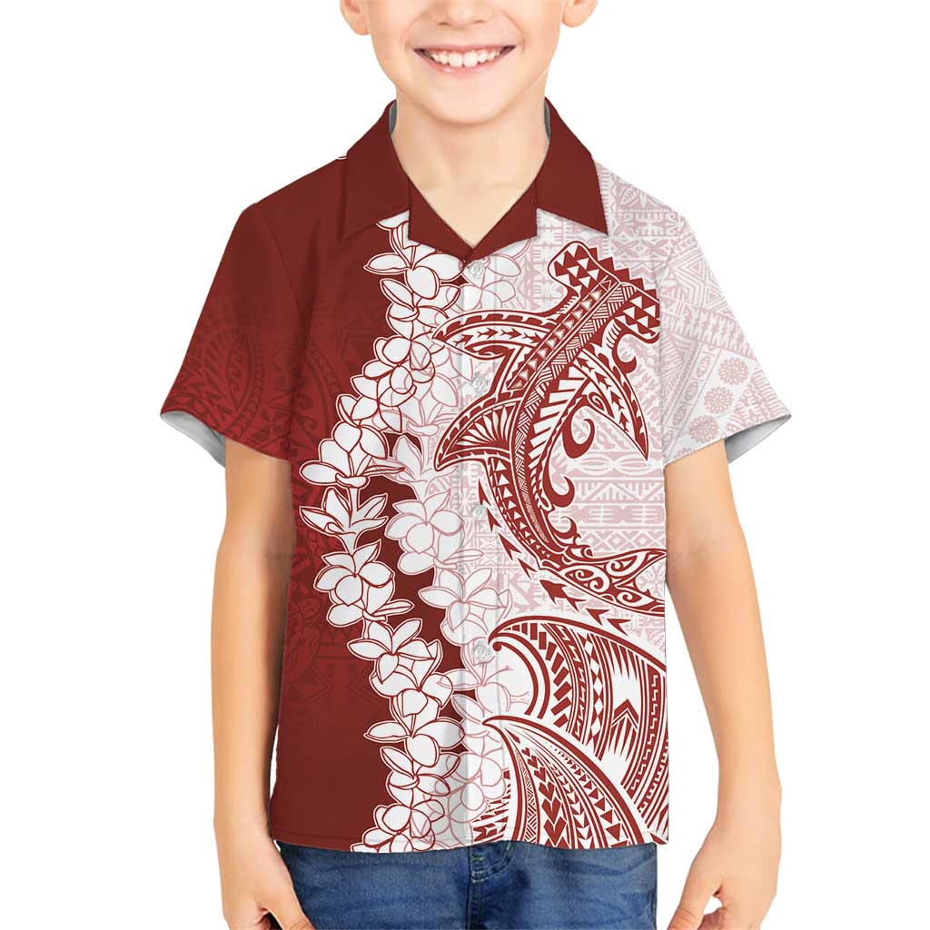 Polynesian Crimson Plumeria Lei Family Matching Tank Maxi Dress and Hawaiian Shirt with Hammerhead Shark LT7 Son's Shirt Red - Polynesian Pride