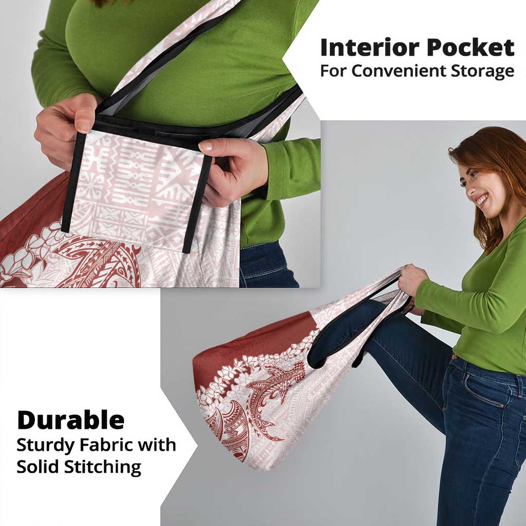 Polynesian Crimson Plumeria Lei Grocery Bag with Hammerhead Shark